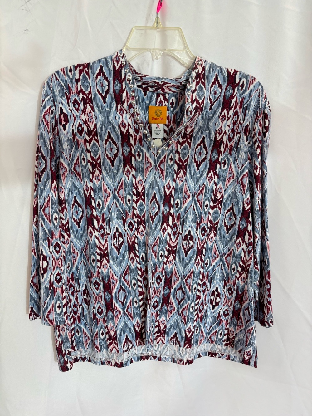 Ruby Rd. Geometric V-Neck Tunic in Blue and Burgundy